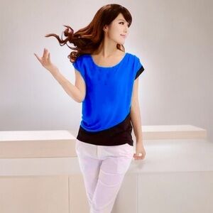 Three Seconds Cobalt Blue Asymmetric Draped Blouse Size XS